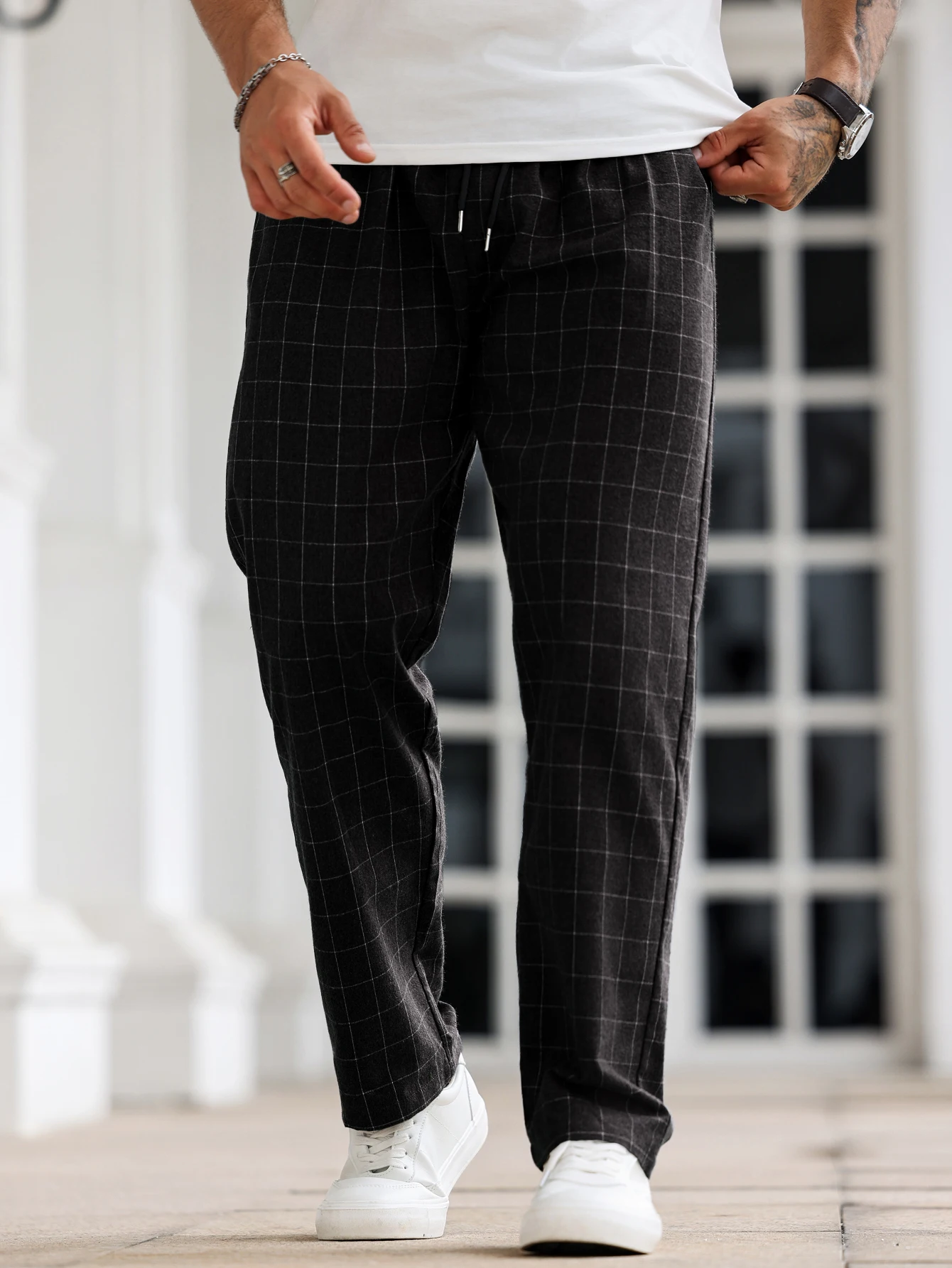 

Mens Plaid Pants Solid Color Casual Straight-Leg Trousers Slim Fit Versatile Daily Home Pajamas for Travel And Holidays