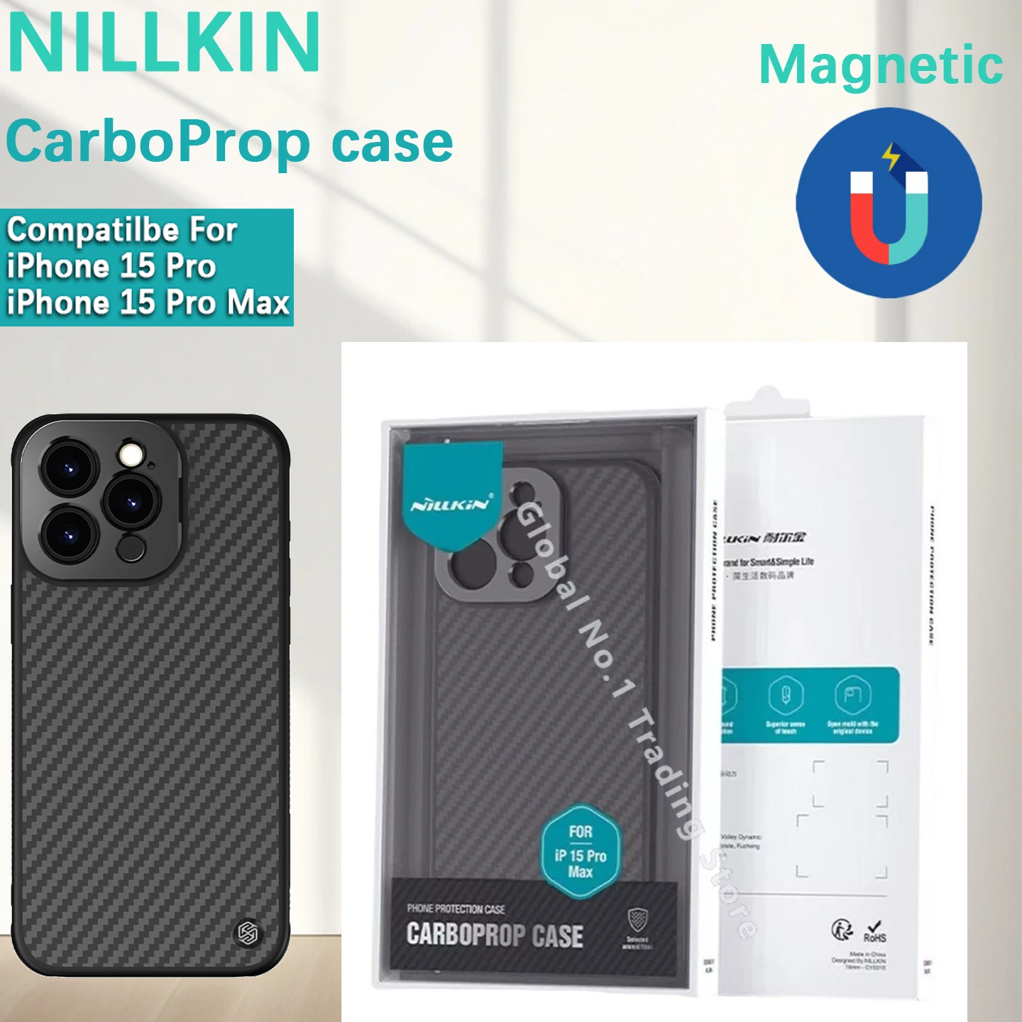 

NILLKIN, совместимый с iPhone 15 Pro Max/15 Pro, TPU + ПК, CarboProp, магнитный чехол, держатель объектива, защитный чехол, чехол для телефона