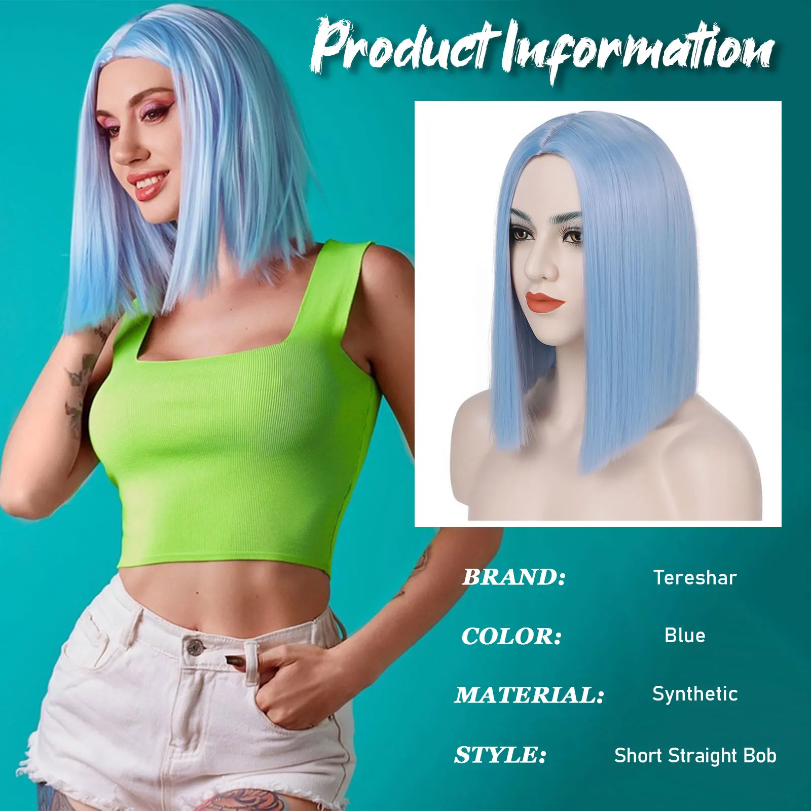 Light Blue Synthetic Short Bob Wig Straight Blue Wig for Women Shoulder Length Wigs Colorful Wig for Daily Use Party Cosplay