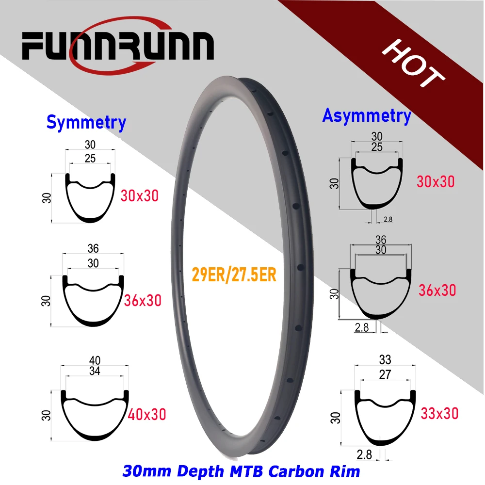 

29ER/27.5ER MTB Carbon Rim Mountain Bike Disc Asymmetry /symmetry Clincher Tubeless 30/33/36/40mm Width 30mm Depth Mtb Rim UD 3K