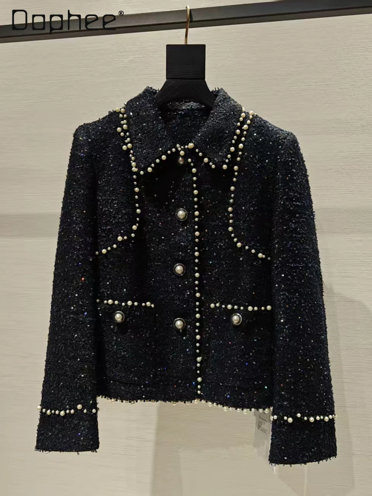 

Luxurious High-End Socialite Tweed Coat Vintage Style Single-Breasted Lapel Tweed Sequin Beaded Coat Women Autumn Winter New