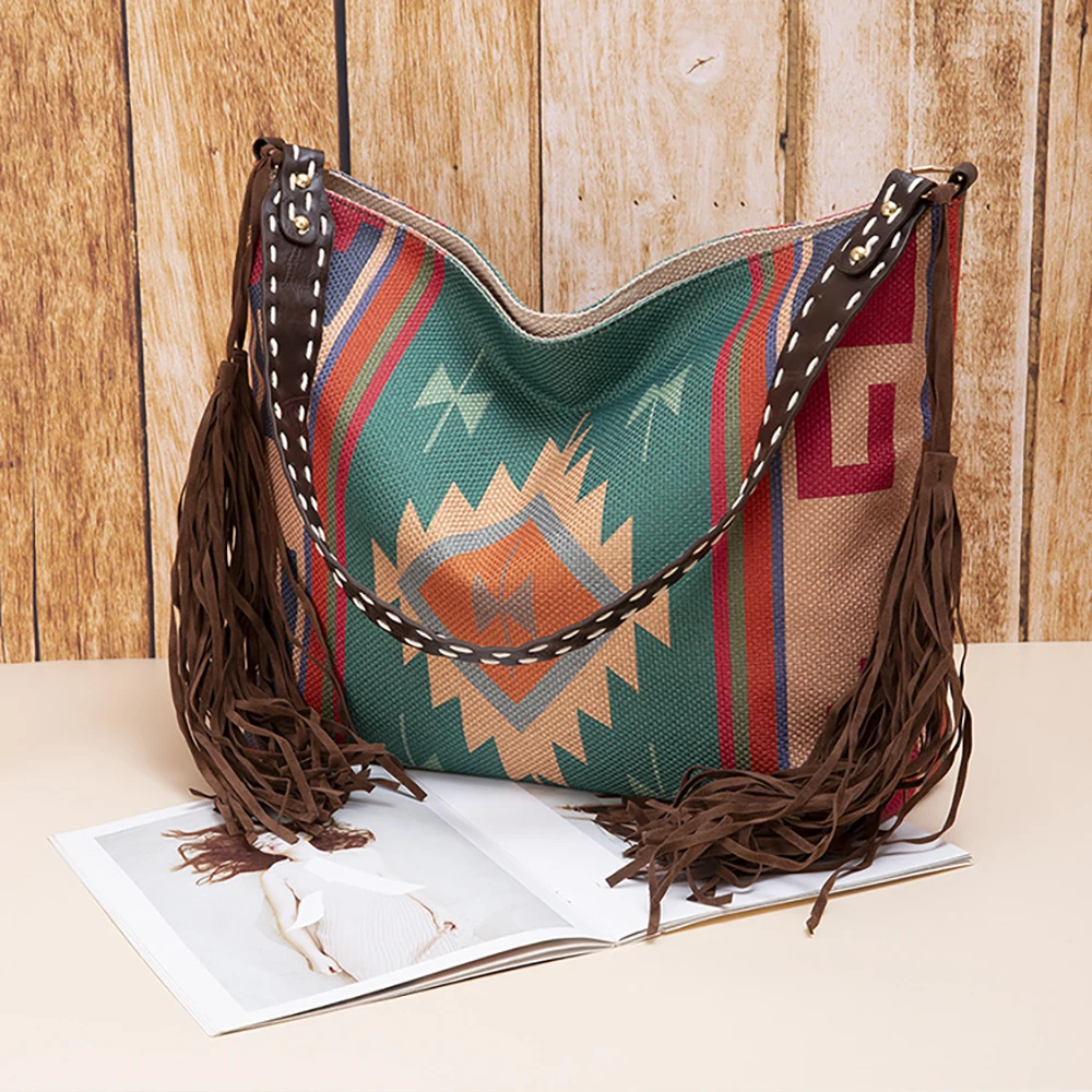 Woman Bags 2023 Trend Female Handbag Hand Made Grassland Canvas Sac Linen One Shoulder Bohemian Style Crossbody Bags Tassel