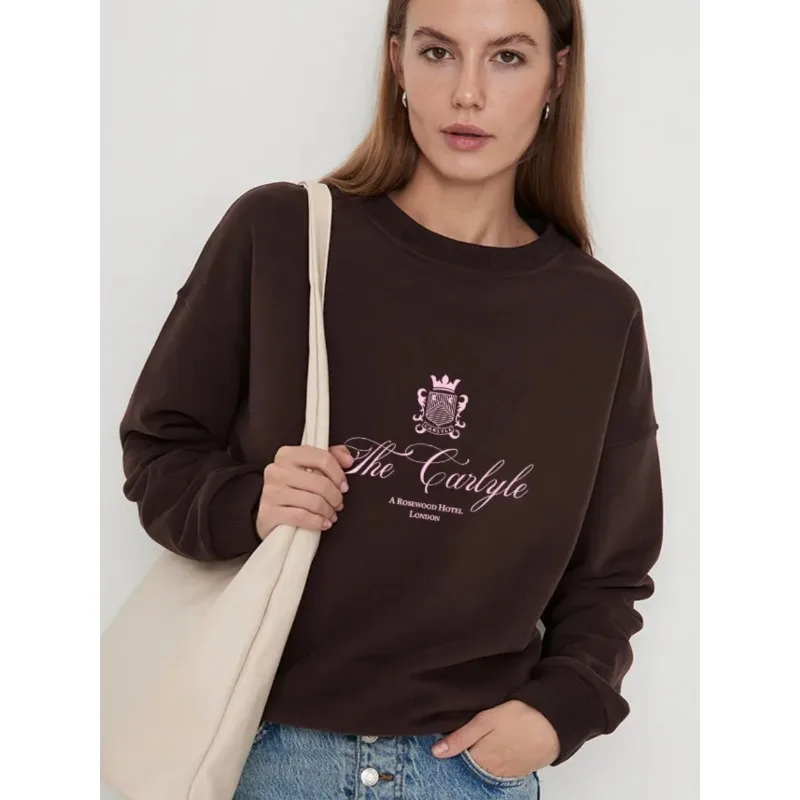 Hot Selling Simple Letter Printed Round Neck Off Shoulder Sweatshirt for Women, Loose and Fashionable Versatile Long Sleeved Top
