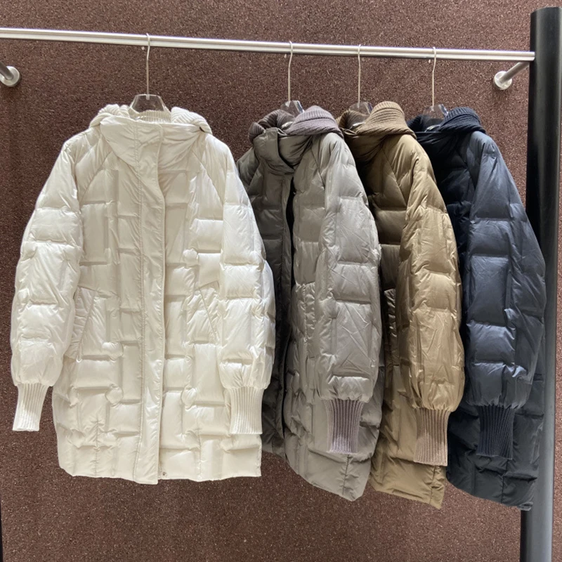 

Winter Knitted Removable Hooded Mid Length Down Jacket Female Warm Outwears Overcoat Women White Duck Down Parker Down Jackets