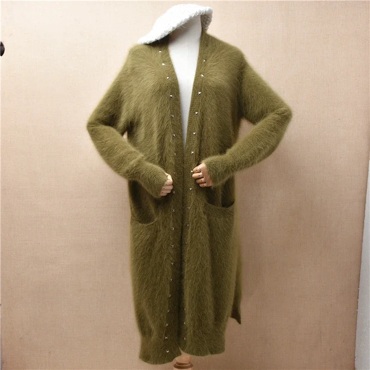 Ladies Women Fall Winter Clothing Soft Beading Hairy Mink Cashmere Knitted Long Sleeves Loose Long Sweater Cardigans Mantle Coat