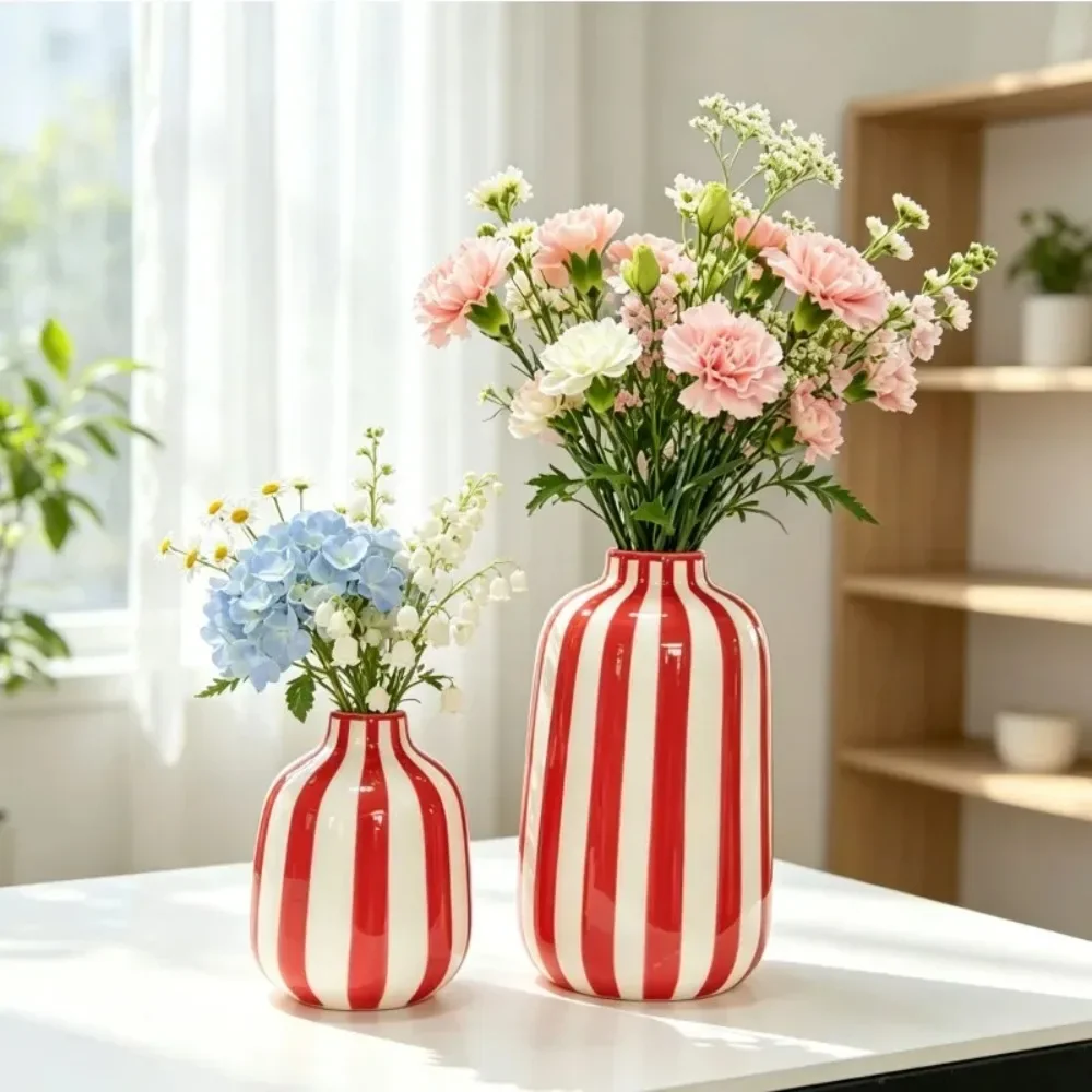 Juego de 2 Jarrones Cerámica a Rayas, Jarrón Colorido para Flores, Decoración Mesa, Arreglo Floral Hidropónico o Seco