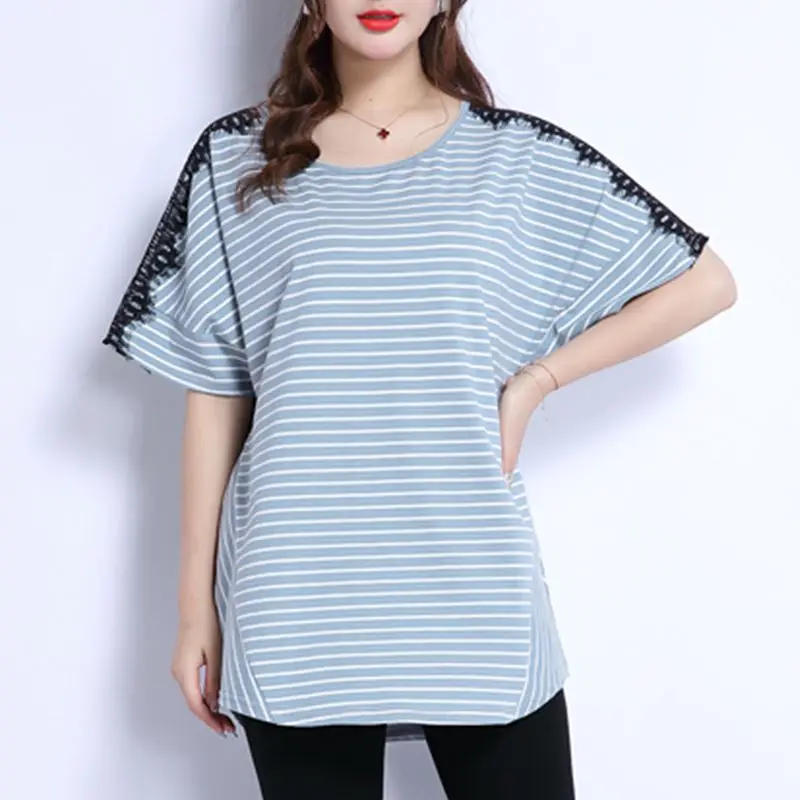 Vintage Lace Patchwork T Shirts Summer New Short Sleeve O-Neck Hollow Out All-match Striped Tops Casual Fashion Women Clothing