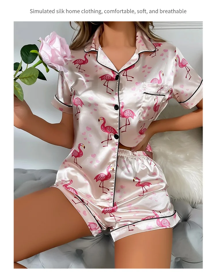 Damen-Pyjama-Set, Herz-Druck, Satin-Pyjama, lässig, kurzärmelig, Reverskragen, Oberteile und Hosen, Nachtwäsche und Loungewear für Erwachsene – Detail 6