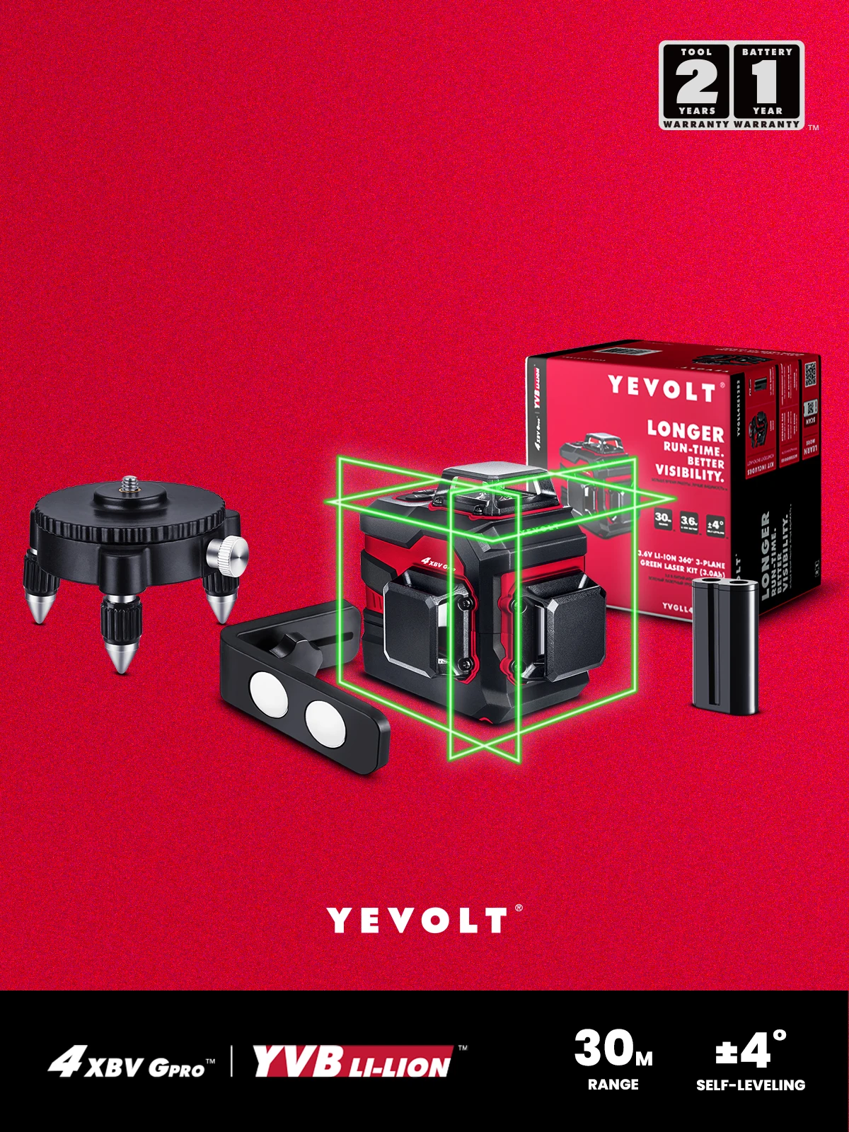 

YEVOLT YVGLL4XS12B2 3-Plane Green Laser Level Kit 3.6V Li-ion power Rotating Base Magnetic Bracket 3D 12-Line Measuring Tool