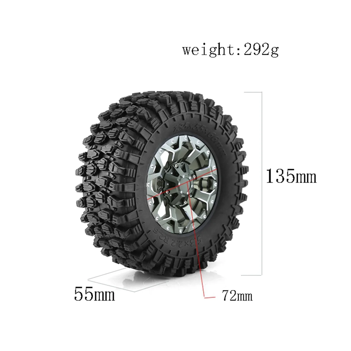 4Pcs 135mm 2.6 Inch Metal Beadlock Wheel Rim Rubber Tire Set for 1/8 1/10 RC Crawler Car Axial SCX10 Wraith RR10 Capra