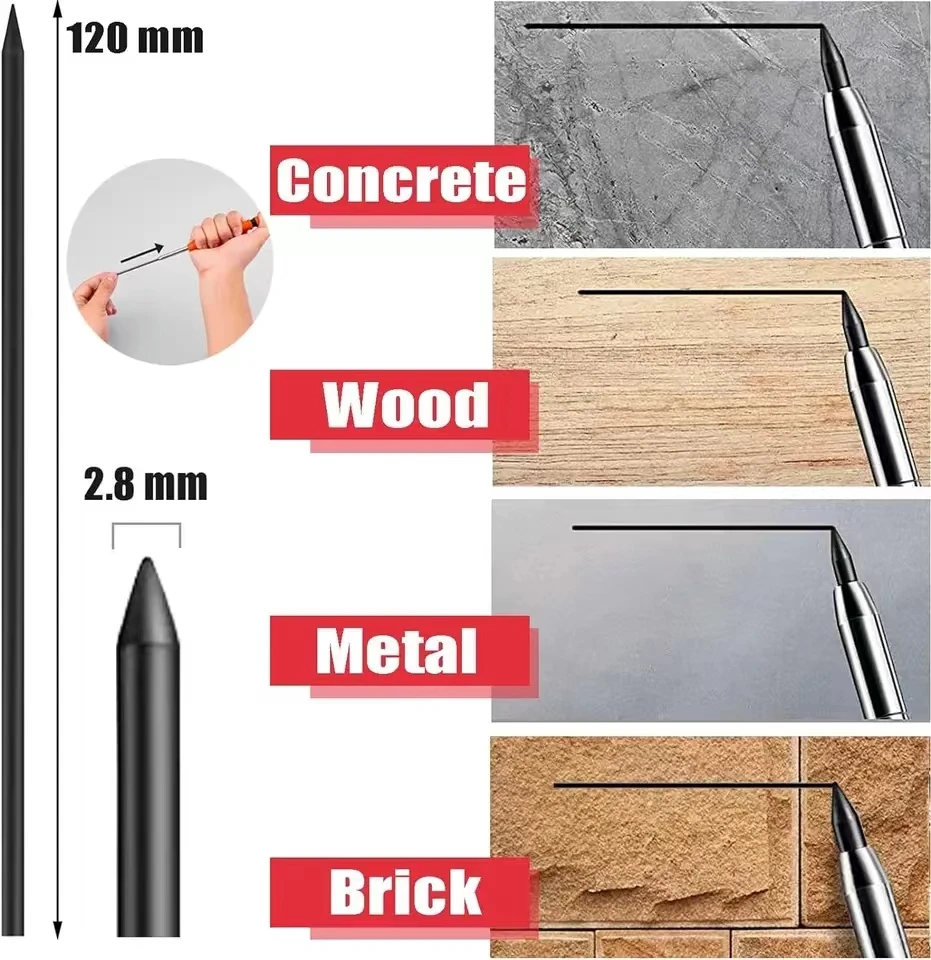 Lápis recargas para lápis de carpinteiro, buraco profundo sólido, substituição de lápis construção mecânica, 2,8mm, 24pcs