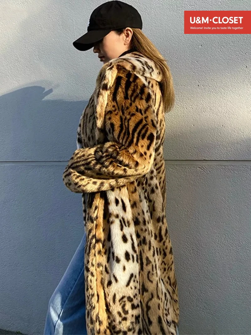 

Luxury Vintage Harajuku Leopard Print Long Faux Fur Coat Women's Warm Winter Fur Trench Coat Thick Lapel Trendy Long Jacket Chic
