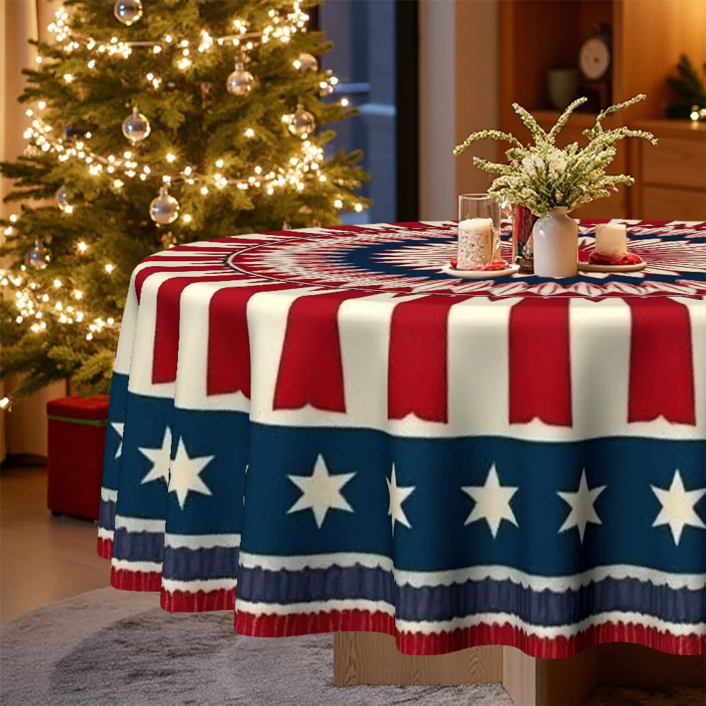 A round tablecloth with red, white and blue stripes for Christmas, Easter and patriotic occasions