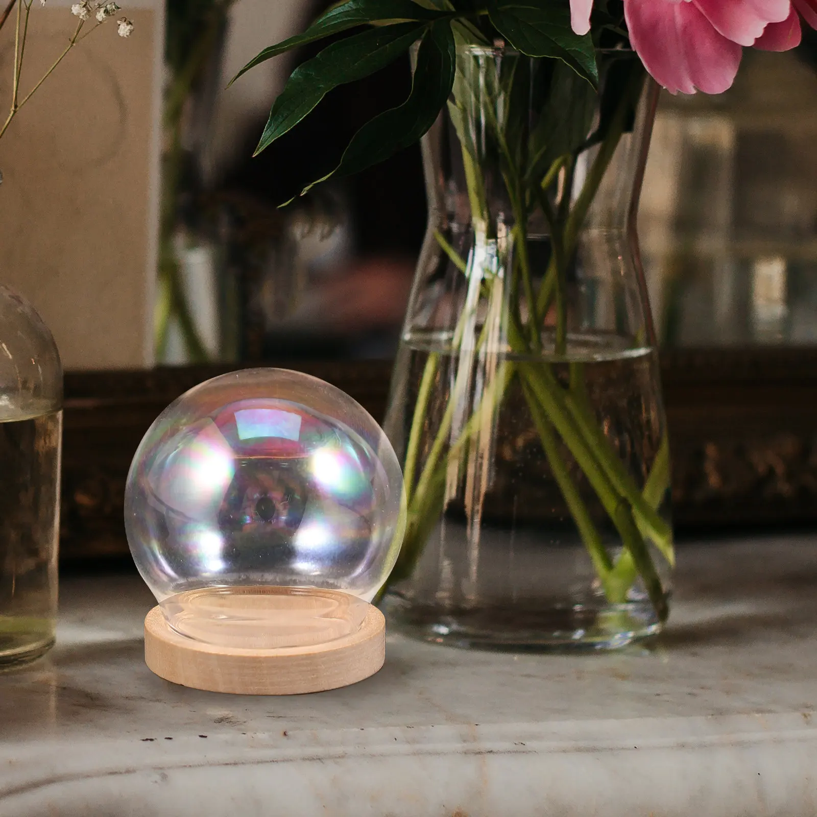Glass Dome with Wood Base Preserved Flower Cover for Birthday Party Banquet Wine Party Desktop Decor Eternal Flower Display