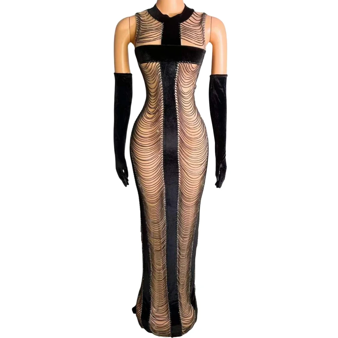 

Luxury Drill Chain Design Luxury Long Dress For Women Birthday Queen Elegant Dressy With Gloves Evening Prom Pageant Stage Wear