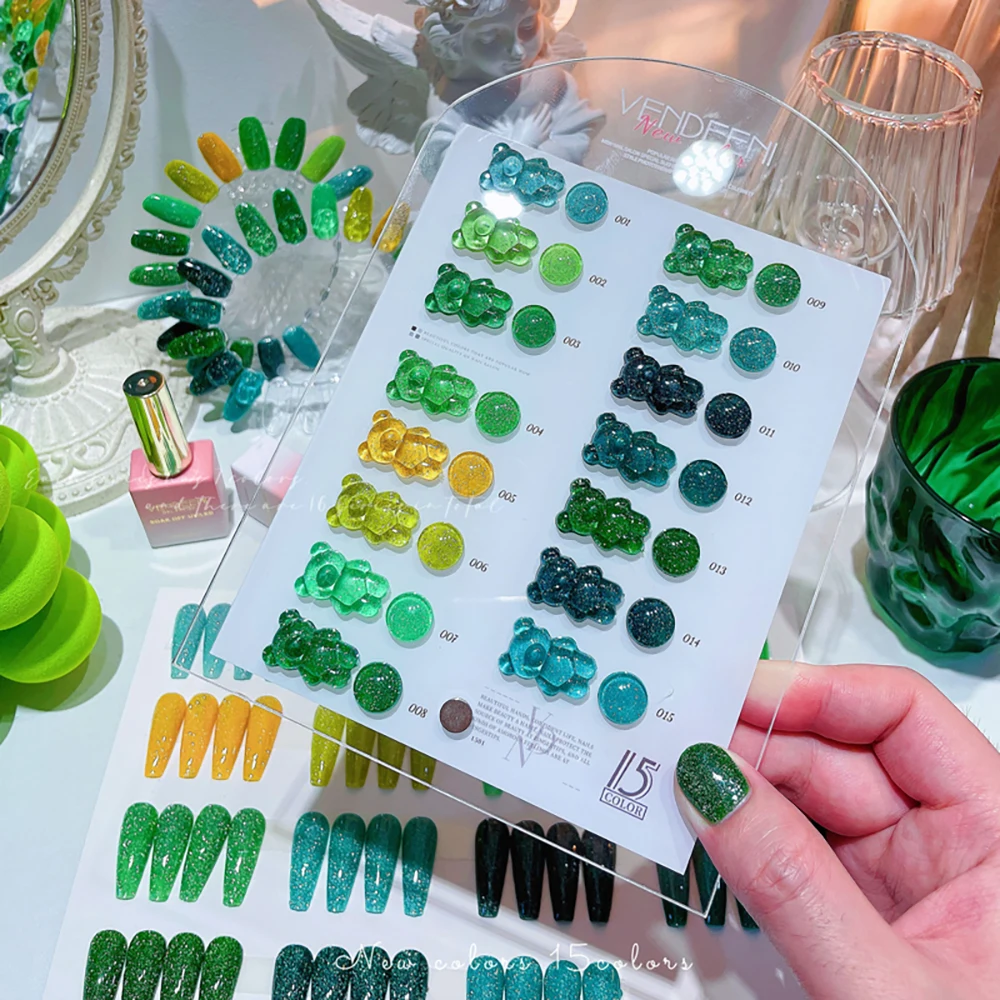 Vendeeni TPO HEMA FREE 15 Farben Grüner Glitzer Broken Diamond Gel Nagellack Set Flash UV LED Soak Off Gel Lack mit Display – Detail 7