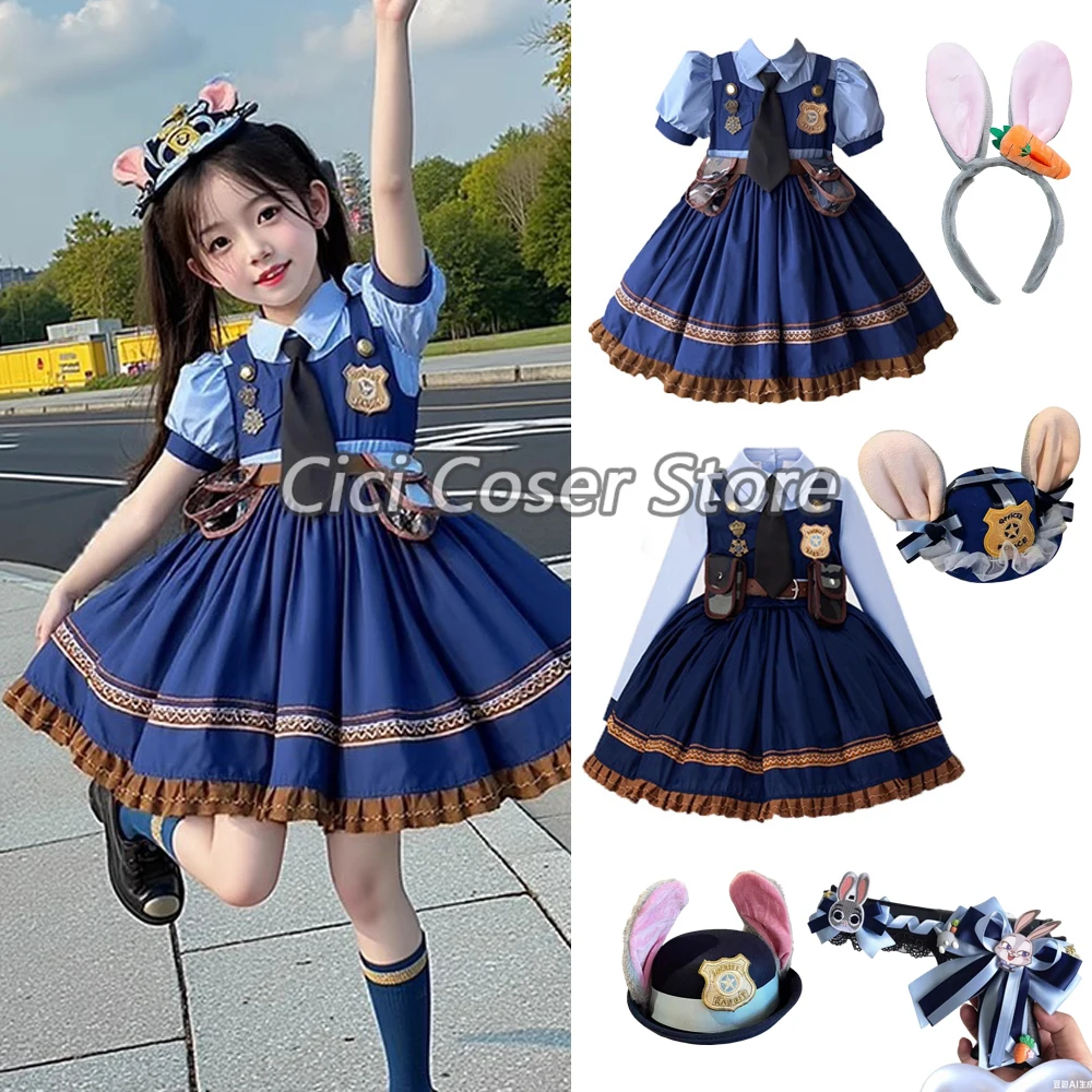 

Movie Zoo 2 Police Officer Judy Hopps Cosplay Costume Blue Uniform Dress 110-150 For Girls Halloween Party Performance Outfits