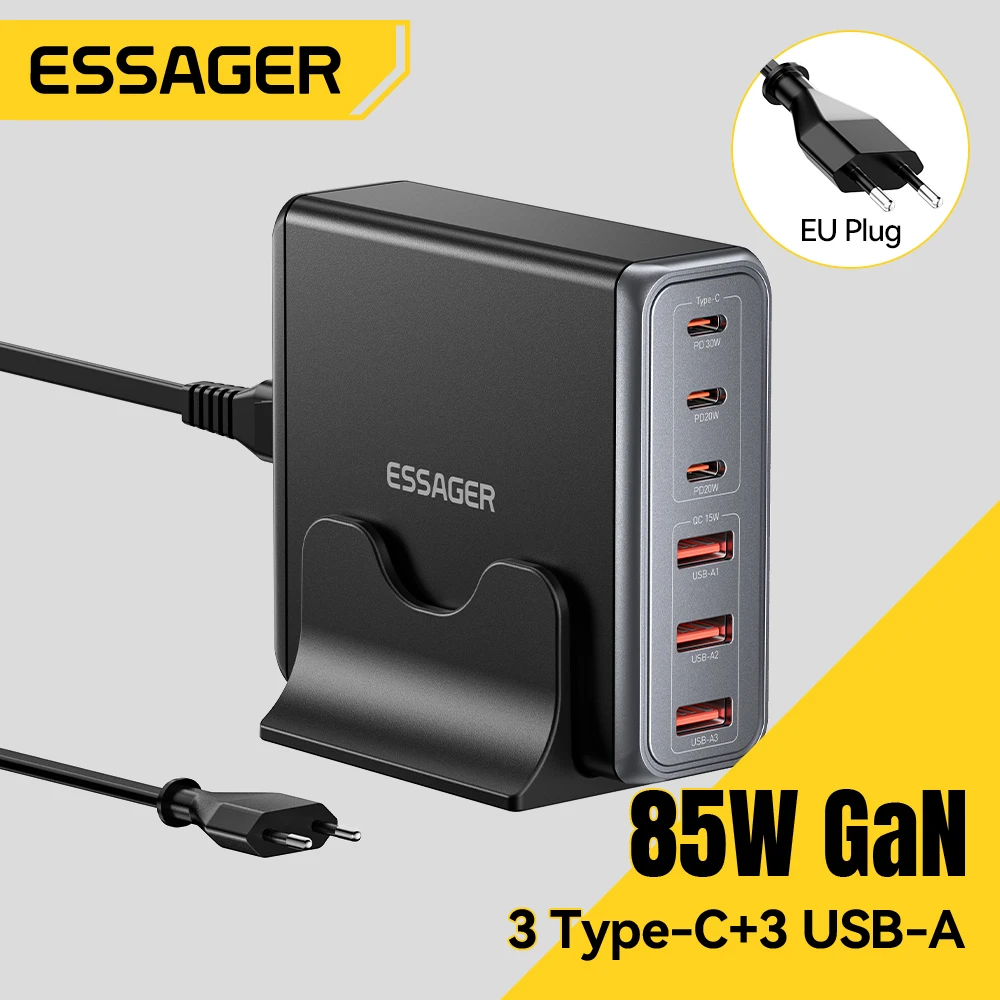 Essager 85W GaN Charger 6 Ports USB Type C Desktop Charger PD Fast Charging Station For iPhone 17/16/15 Samsung S24 Laptop iPad
