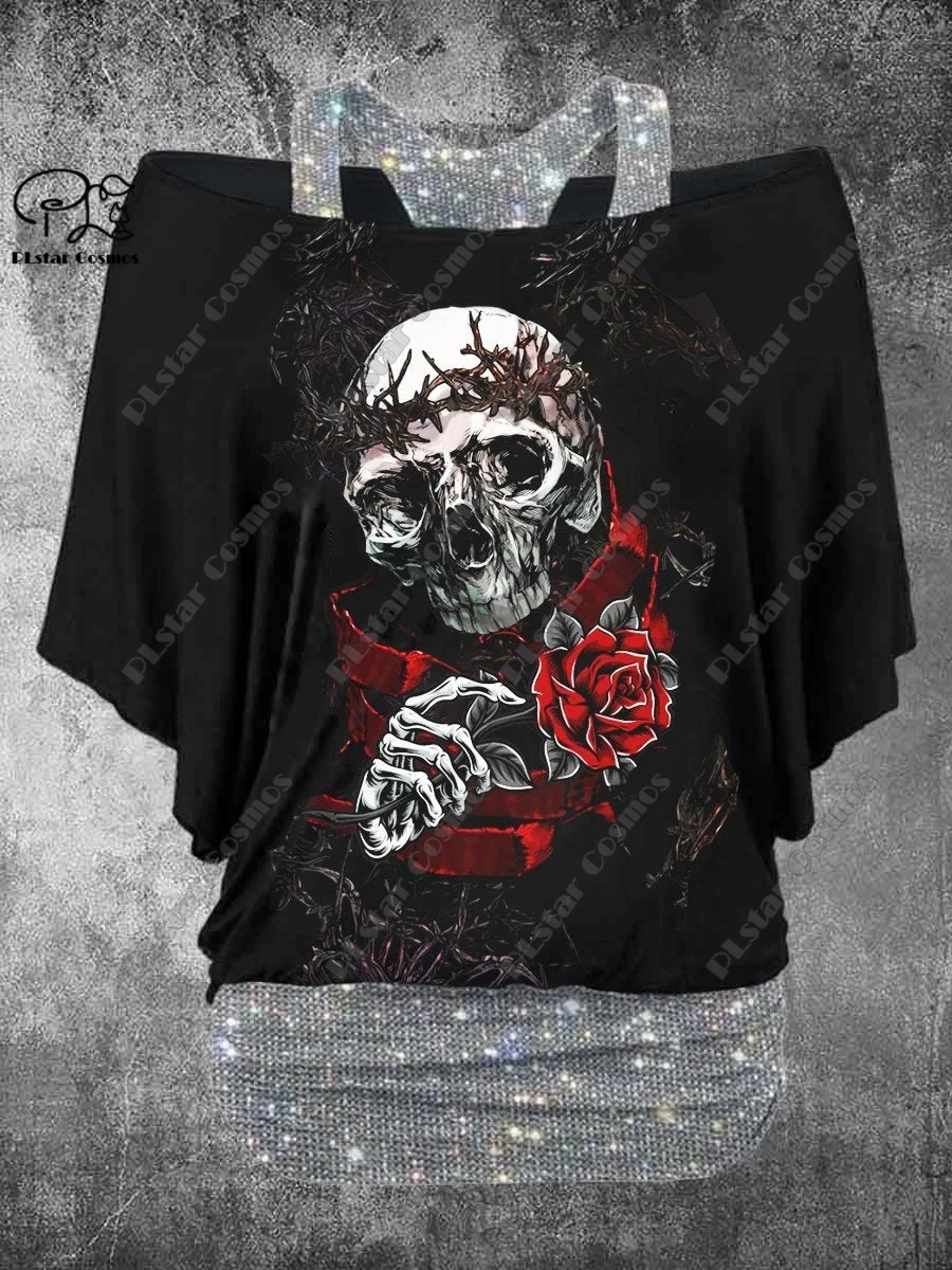 PLstar Cosmos Women's Retro Skull 3D Print Casual Two-Piece T-Shirt Harajuku Streetwear Collection - 7