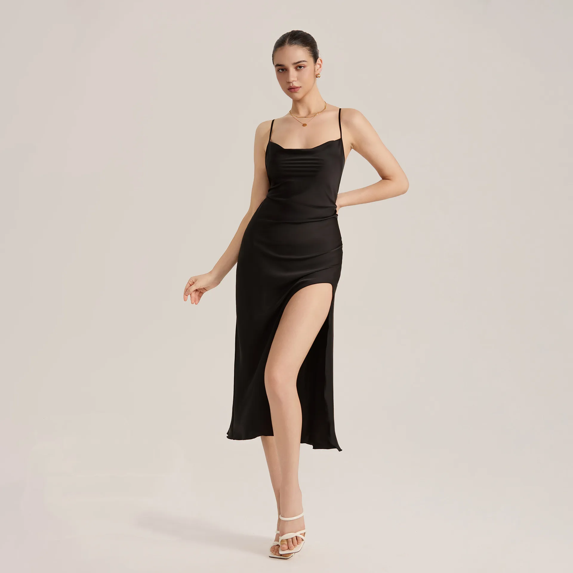 Women Backless Nightgown Sleepwear Sexy Black Split Suspender Nightdress Casual Satin Homewear