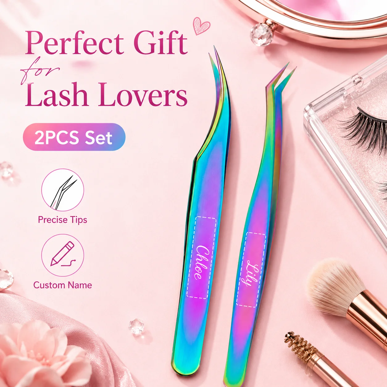 Customized Name-Brand 2-Piece Professional Stainless Steel Precision Tweezers for Picking up Eyelashes - Multi-Functional, Fragrance-Free, Durable, and Gentle Facial Hair Removal Tool, Suitable for Fine Makeup Applications - Especially Suitable for Sensitive Skin and Daily Use