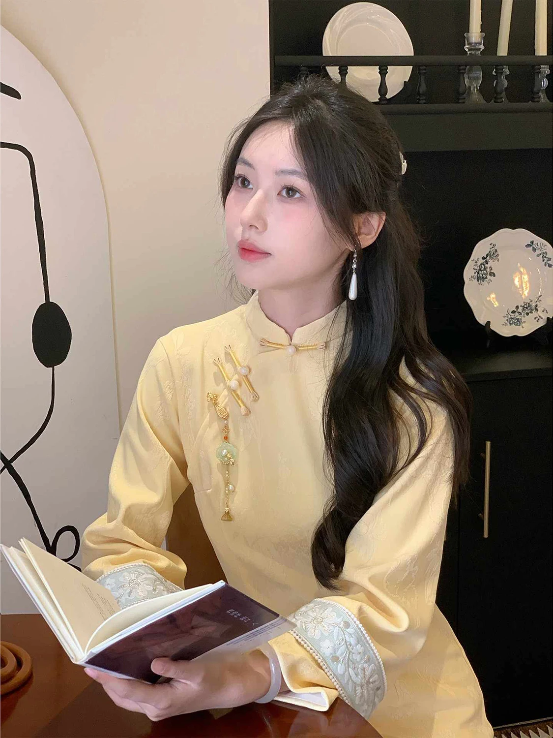 yellow-improved-long-sve-retro-sle-daily-wear-for-young-women-warmth-comfortable-mid-length-midi-dr