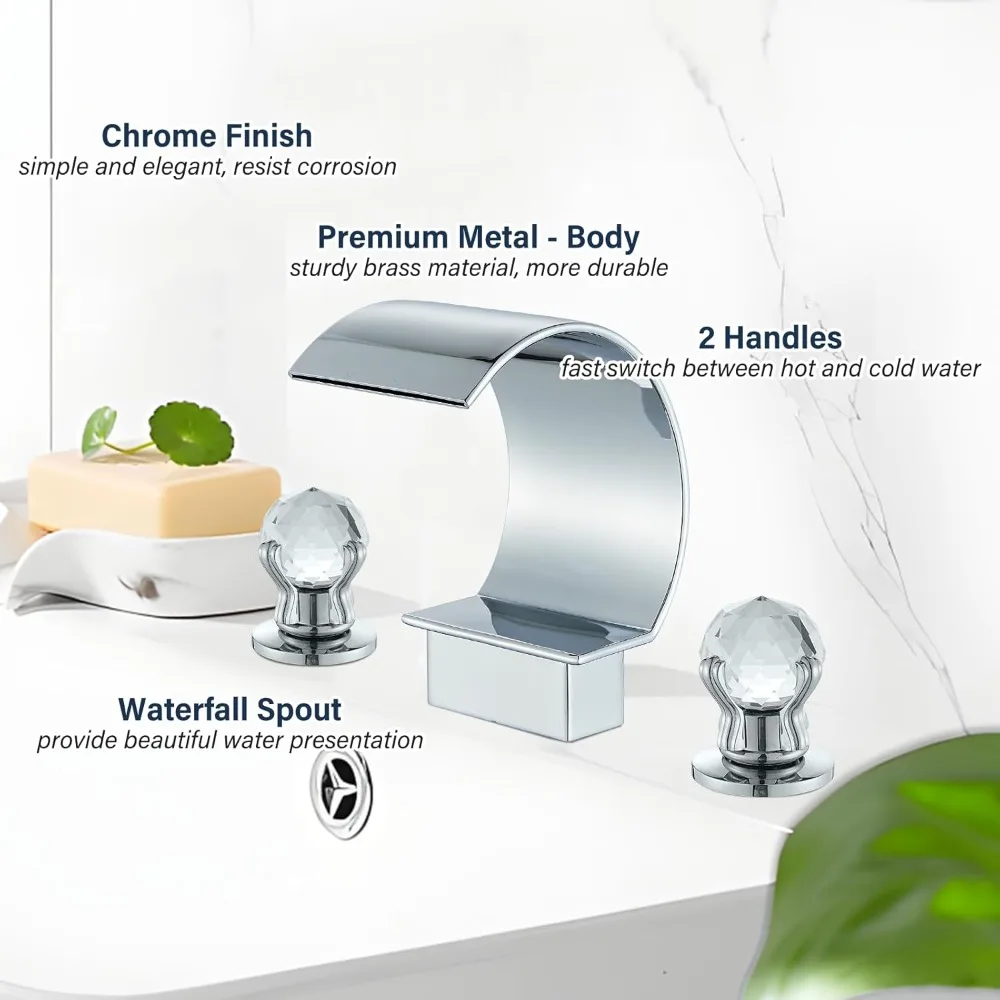 Chrome 3-Hole 8-Inch Widespread Bathroom Sink Faucet with Crystal Handles, High Arc Design for 8-Inch Vanity Basin Mixer Tap