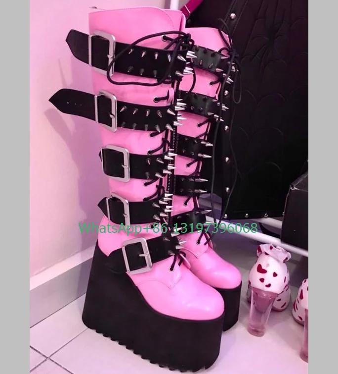 Lady pink Mary Jane stud platform Y2K deisgn boots metal lace-up calf boots PU hot pink punk style boots footwear high top boots