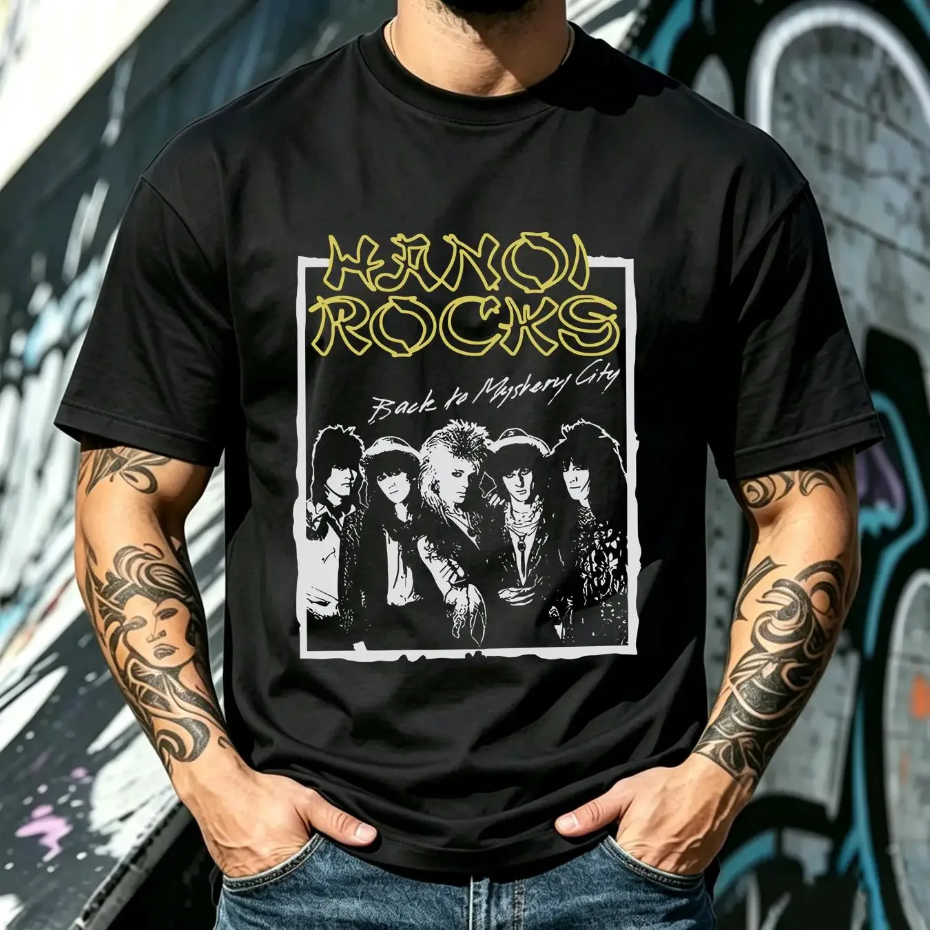 washed T Shirt Hanoi Rocks Back To Mystery City Men's long or short sleeves vintage Washed Stretched Unisex Slightly Soft