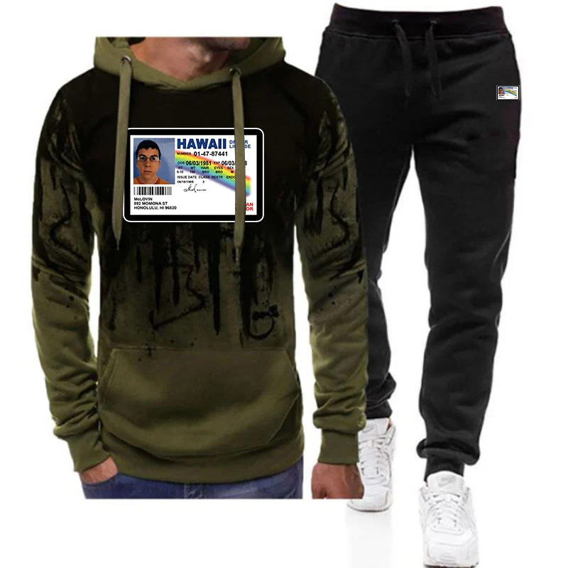 Funny McLovin ID Printing 2025 Men's New Spring And Autumn Harajuku Gradient Color Hooded + Pants Two Piece Suit