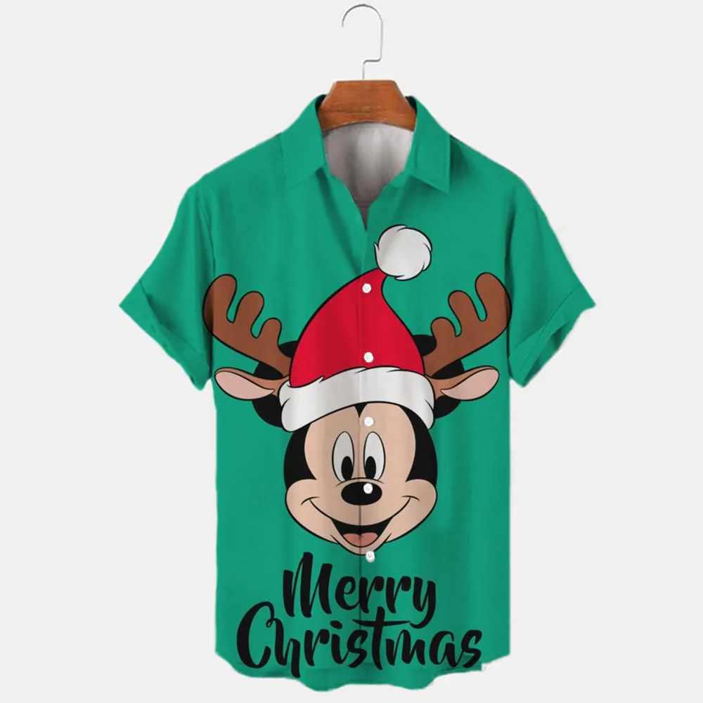 New Christmas Donald Duck Stitch And Mickey Cartoon 3D Printed Men\'s Lapel Short Sleeve Shirt 2024 Harajuku Style Slim Fit Top