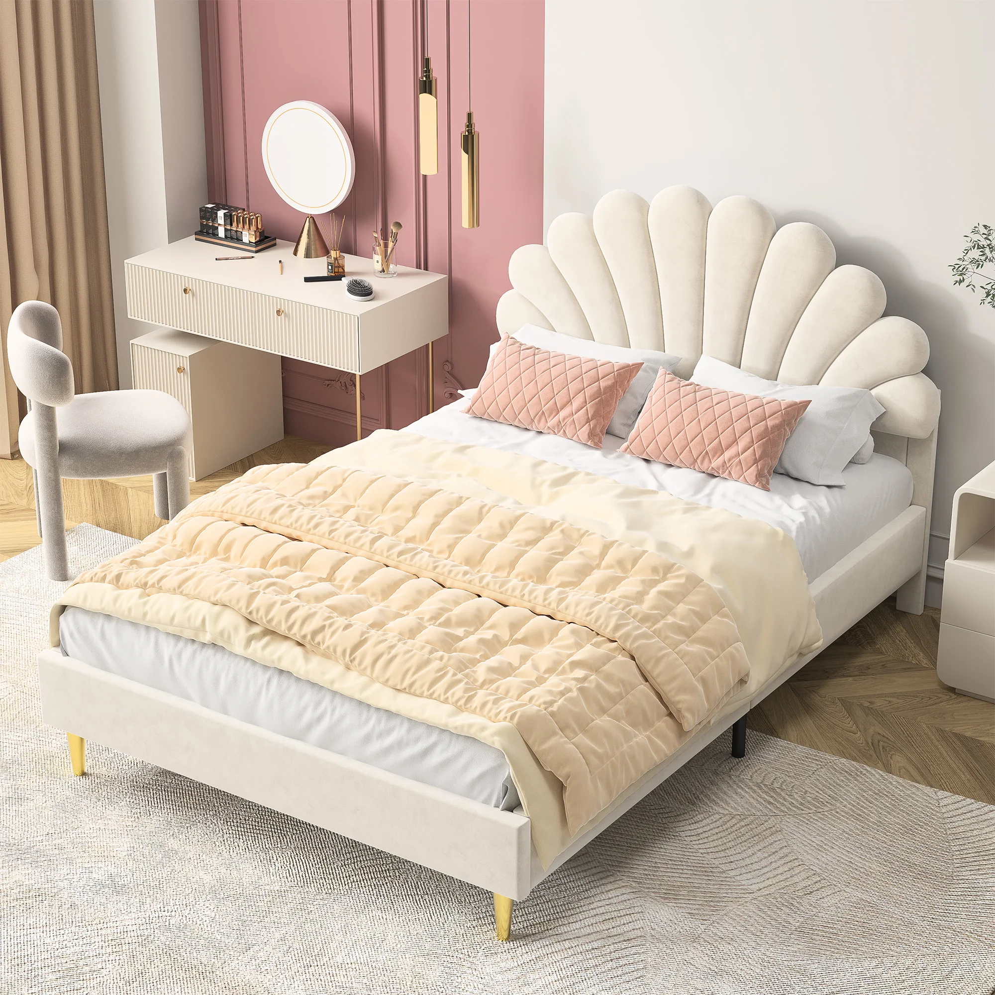 Anajqaqia Cama Doble Tapizada de 90×200/140×200 cm, Cama Infantil, con Cabecero en Forma de Flor y Estructura de Listones, Terciopelo