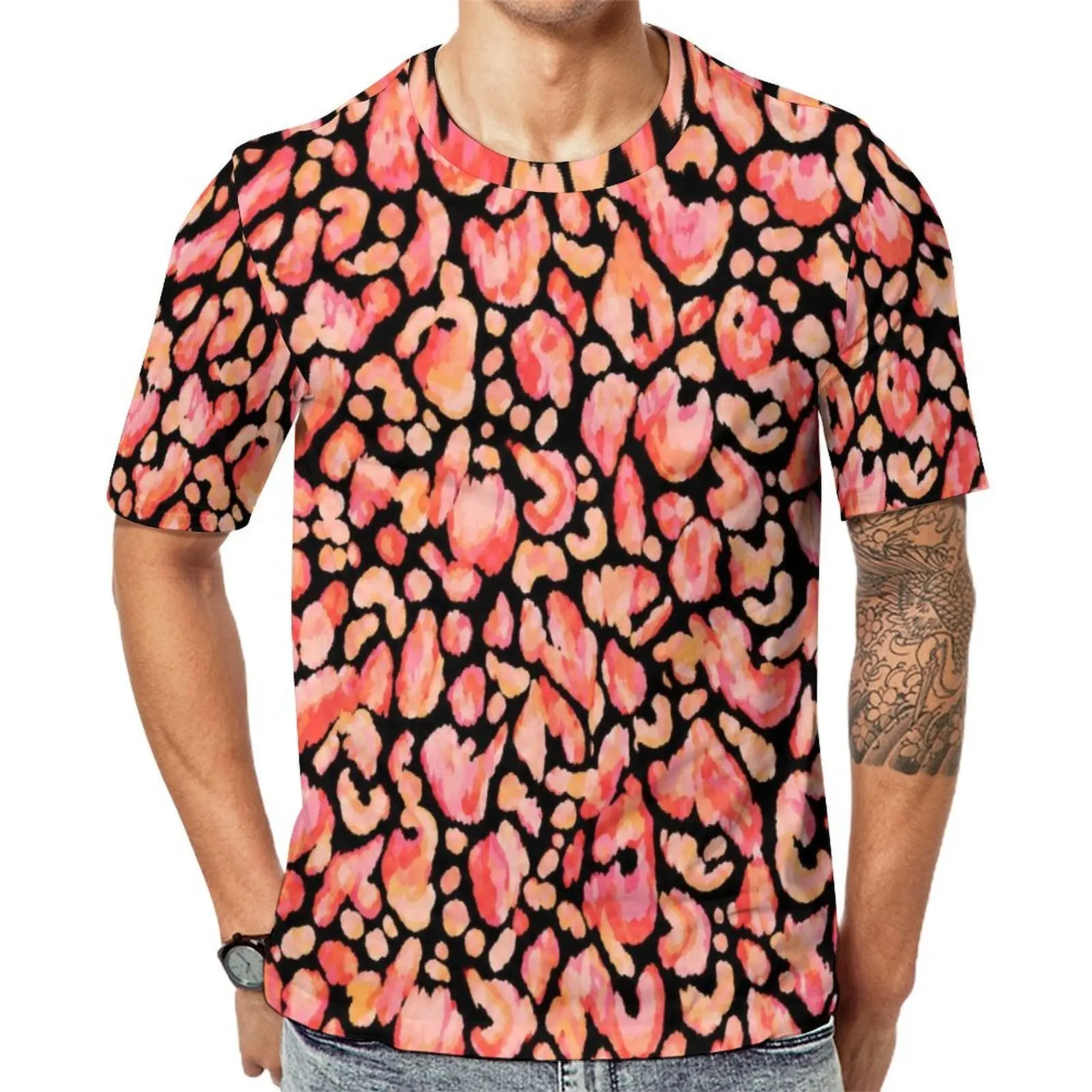 Plus Size T Shirt Summer Coral Orange Leopard T Shirts  Y2K Fun O Neck Tshirt Male Trending Design Top Tees