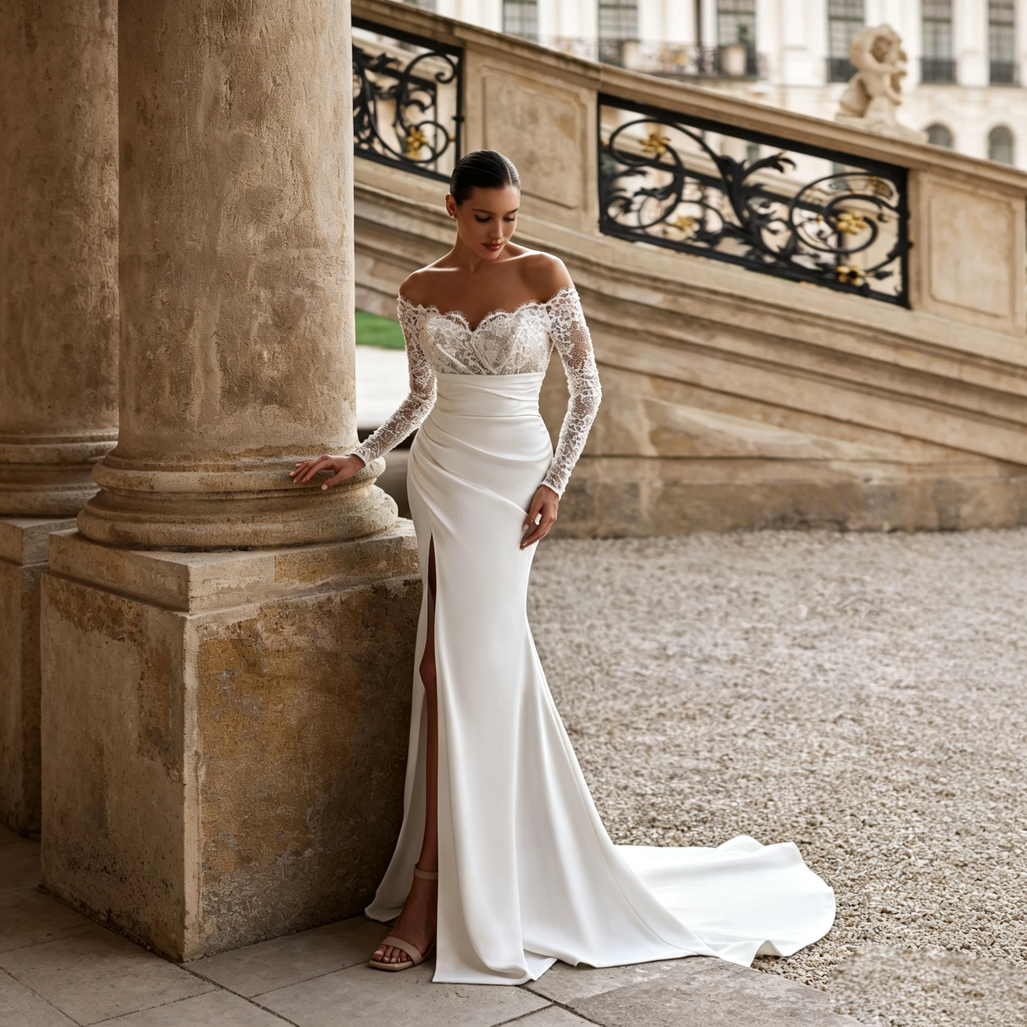 Schulterfreies Spitzenkleid mit langen Ärmeln, Perlenbesatz, Satin-Meerjungfrauenkleid, herzförmiger Ausschnitt, hohe Schlitze, maßgeschneidertes Brautkleid, Vestido De Novia.
