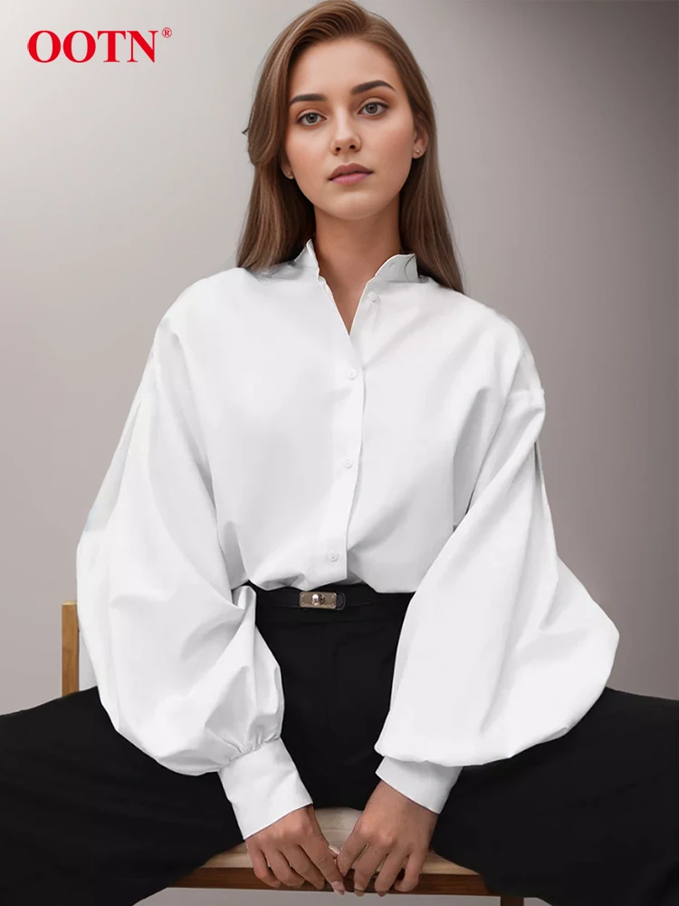 OOTN Office Lady White Stand Collar Shirts 2024 Spring Lantern Long Sleeve Blouse Women Fashion Casual Button Up Top Female Fall