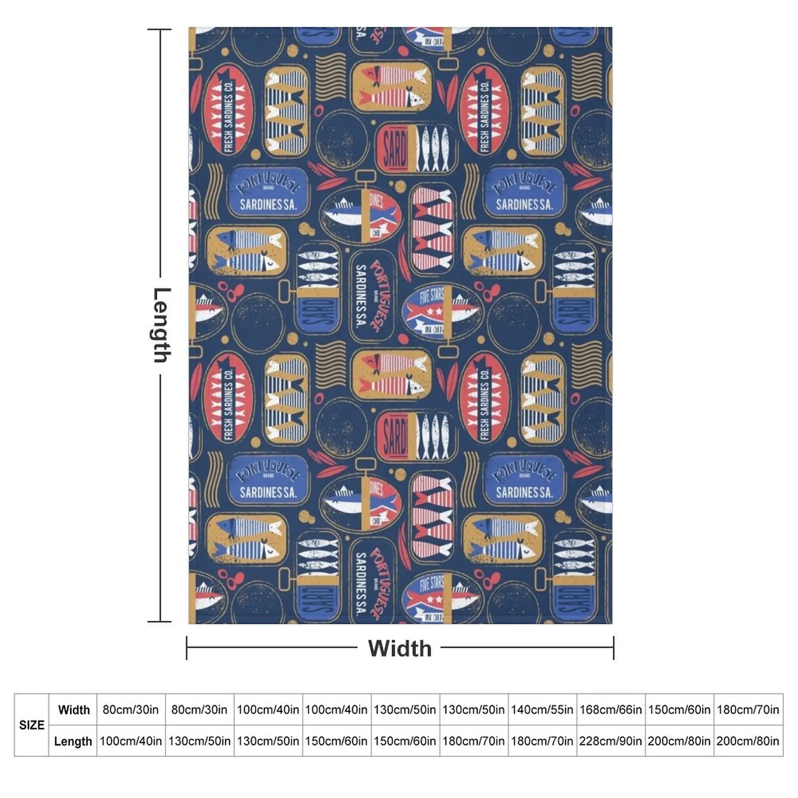 Vintage canned sardines // navy blue background electric blue and mandy red cans Throw Blanket
