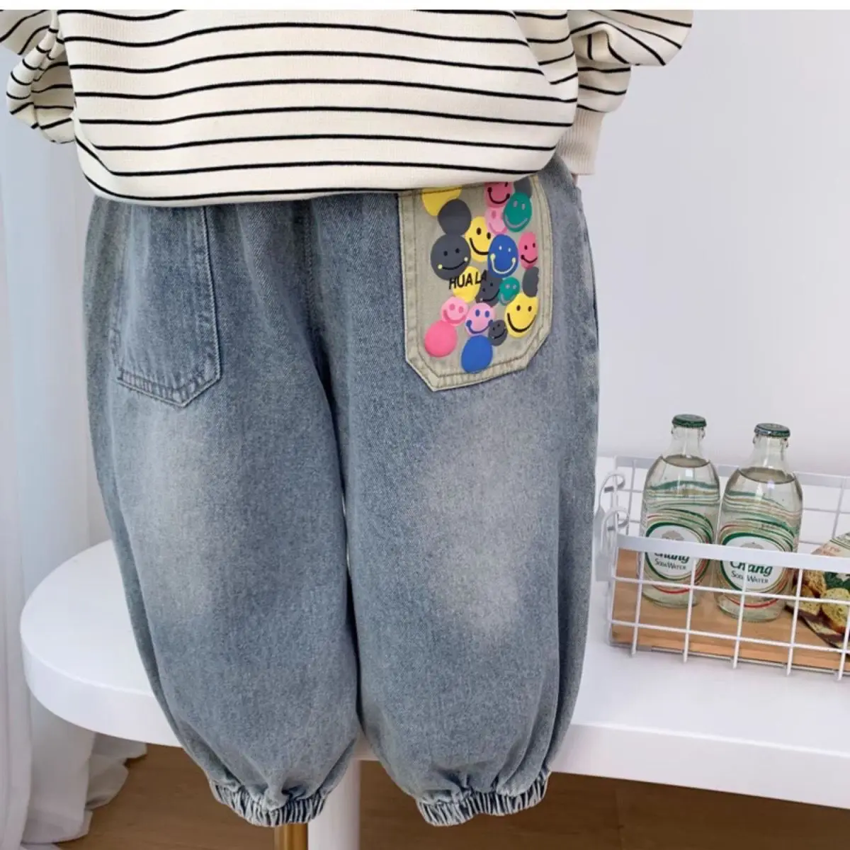 Spring Autumn Children's Clothing New Boys Casual Baggy Jeans Gradient Wash Denim Pants Kids Smiling Face Print Trousers