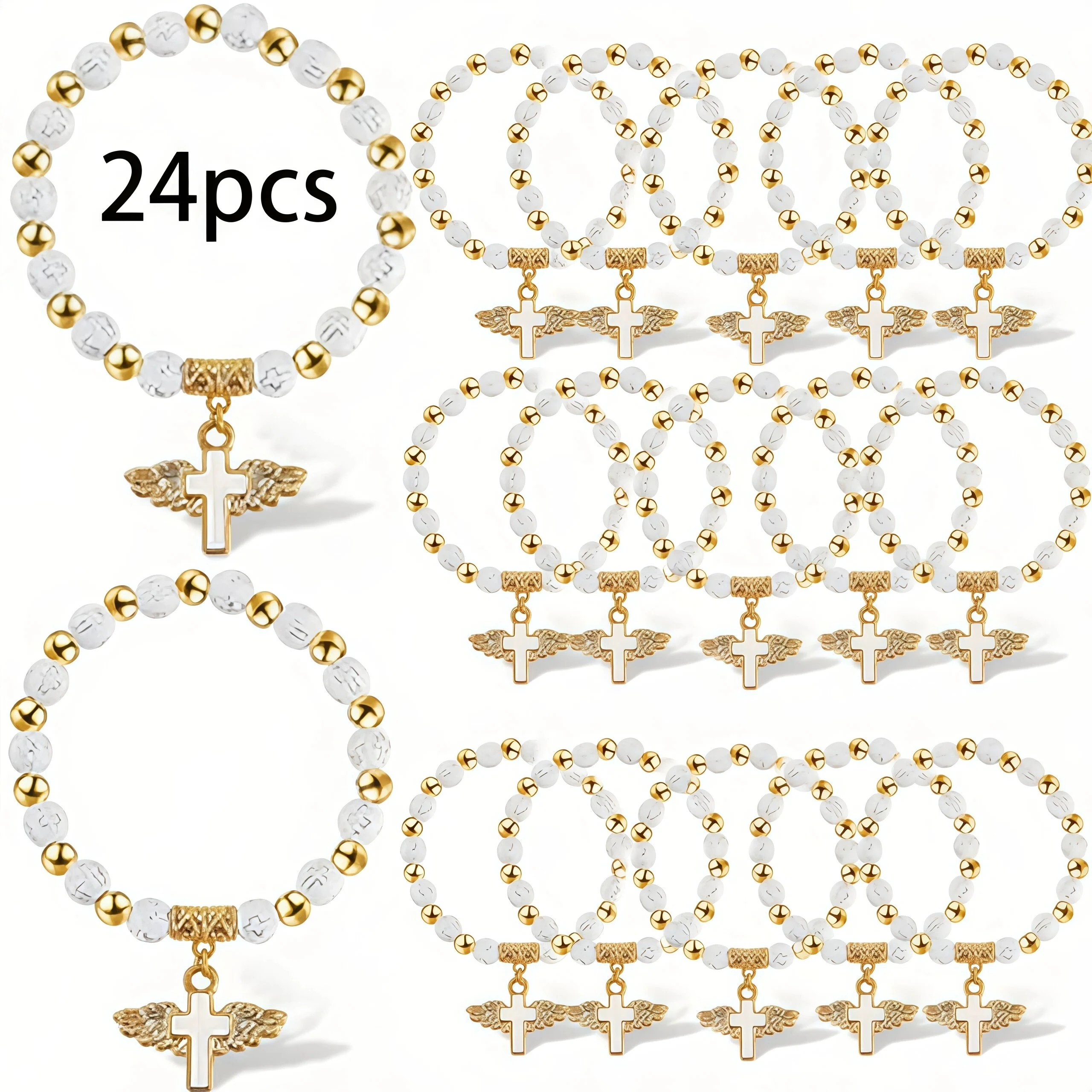 24pcs Beaded Cross Pendant Elastic Bracelets, Multifunctional, for Baptism, First Communion, Birthday, Wedding, Anniversary Gift