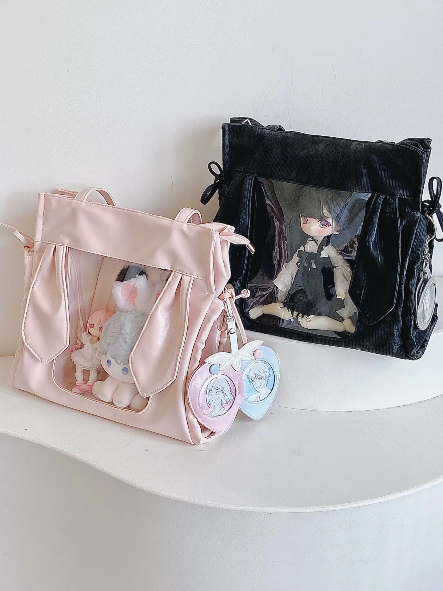 Japanese Original Cute Floppy Ear Ita Bag Tote Bag, Large Capacity Clear Window Shoulder Bag for 20cm Plush Doll Anime Display