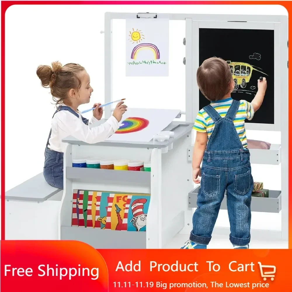 

3 in 1 Kids Art Table and Chair Set, Toddler Craft and Play Wood Activity Desk with Double-Sided Easel Blackboard Whiteboard