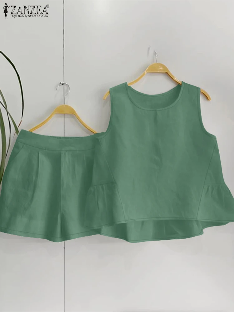 

ZANZEA Fashion Ruffled Hem High-Low Tank Tops 2PCS Outfits Elastic Waist Shorts Womens Summer Casual 2 Piece Sets Short Sets