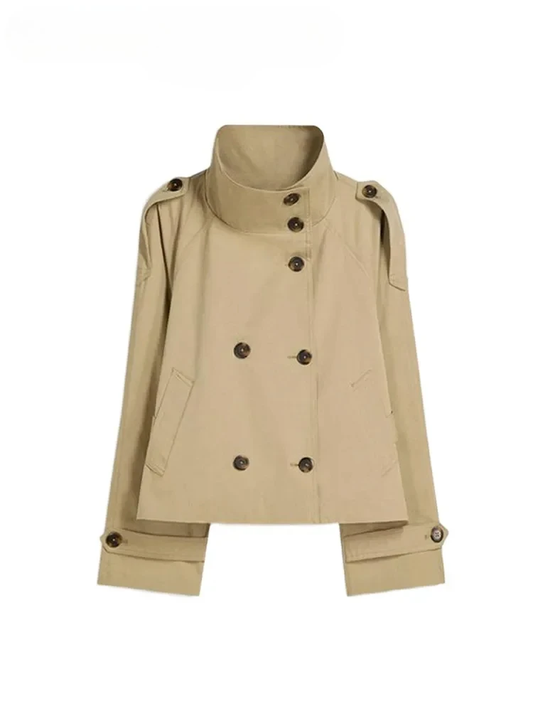 Street Women's Belt Cropped Trench Coat Elegant Stand Collar Double Breasted Long Sleeve Jacket  Autumn Lady Commute Outwear