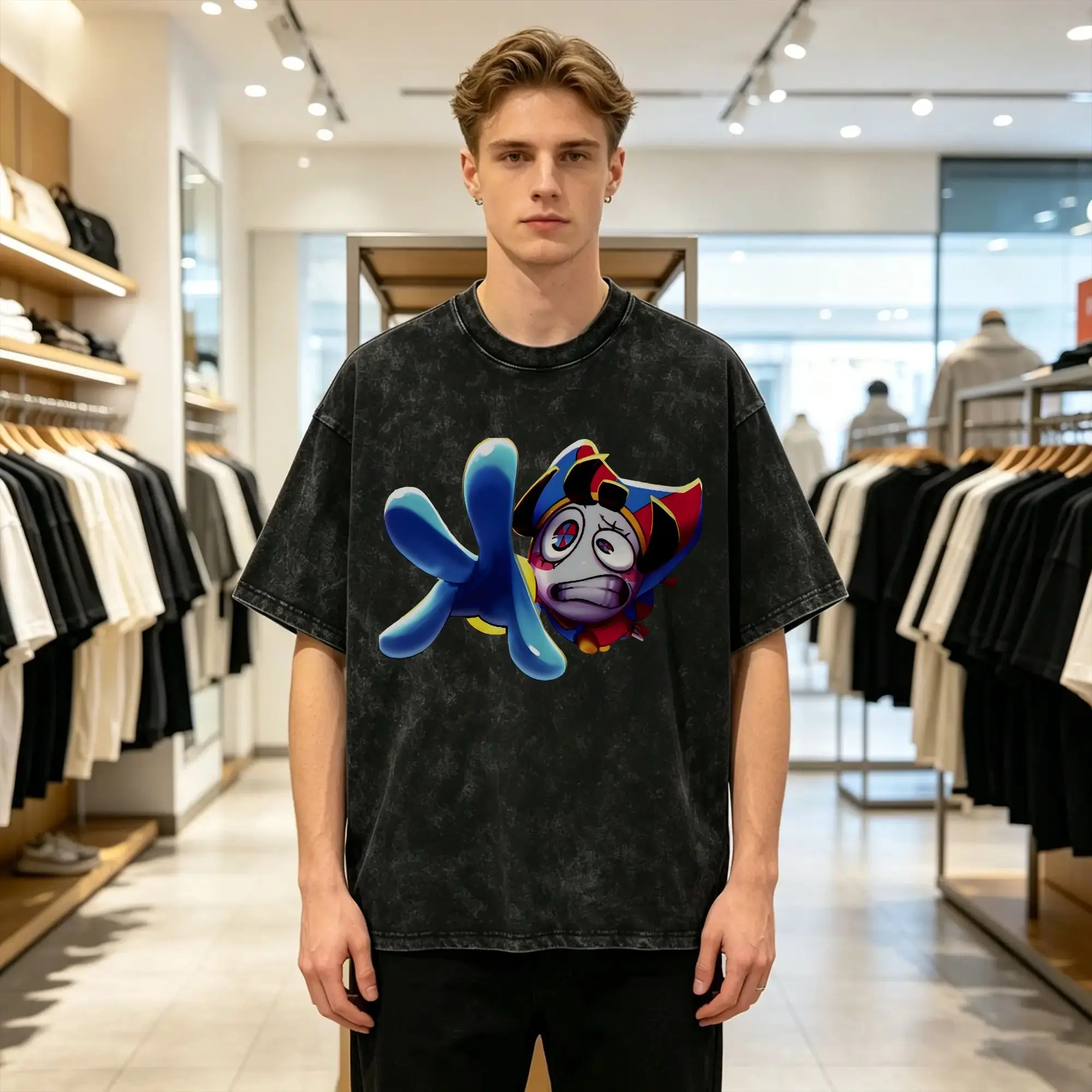 Creative Cartoon Digatal Circus T-Shirts for Men Round Collar Cotton Washed T Shirts  Short Sleeve Tee Shirt Plus Size Tops