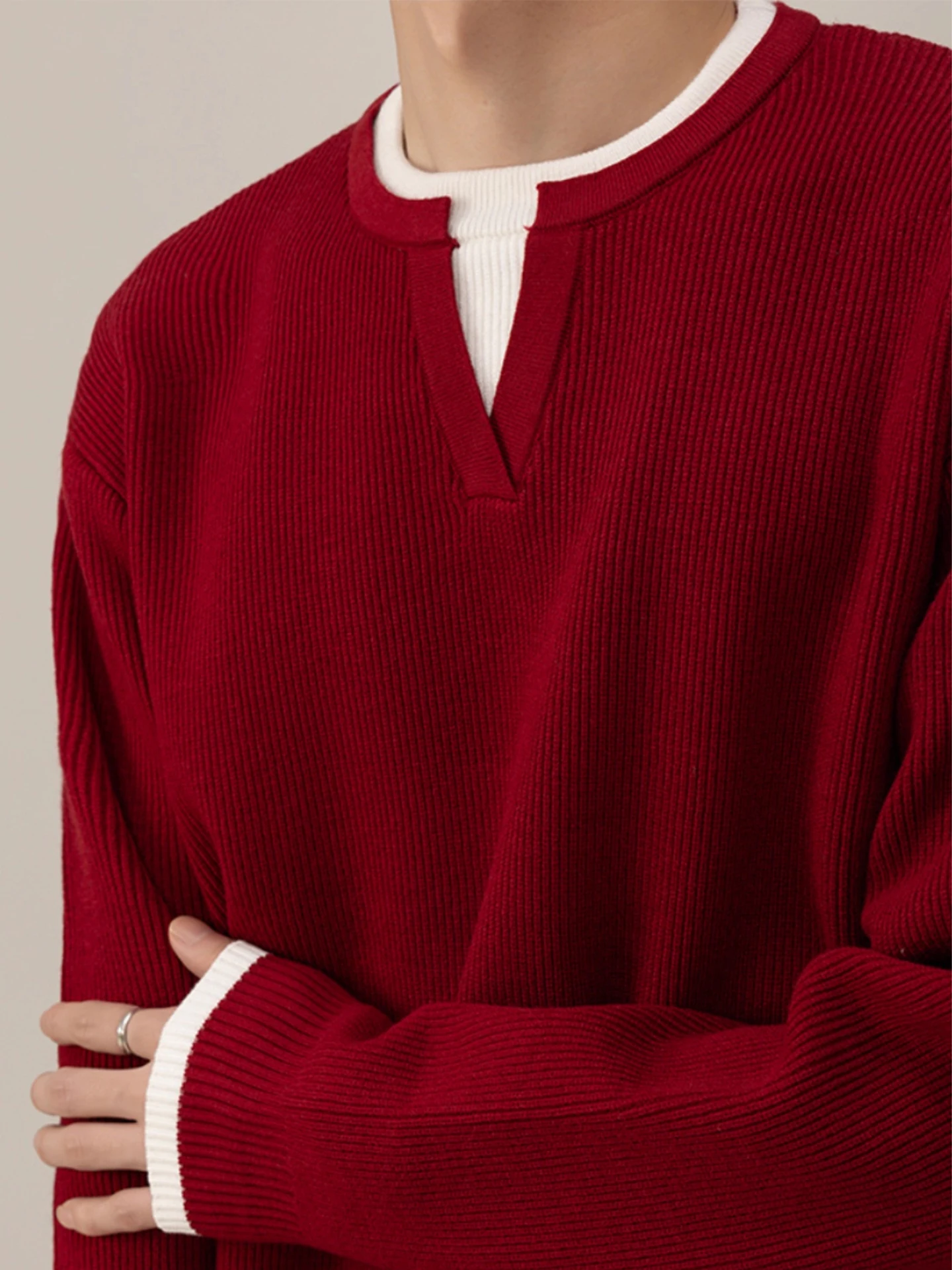 

Red V-Ne Knitwear Men's Autumn Winter New Year Inner Wear Fake Two-Piece Design Loose Fit Polyester Fiber Long Sve Crew ...