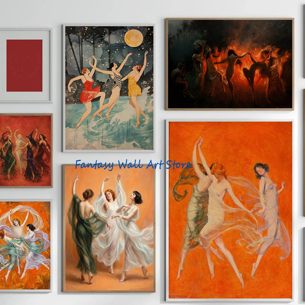 Warren B. Davis Dance of Three Muses Vintage Painting Poster Witches Dancing Circle Woman Dance Wall Picture Canvas Prints Decor