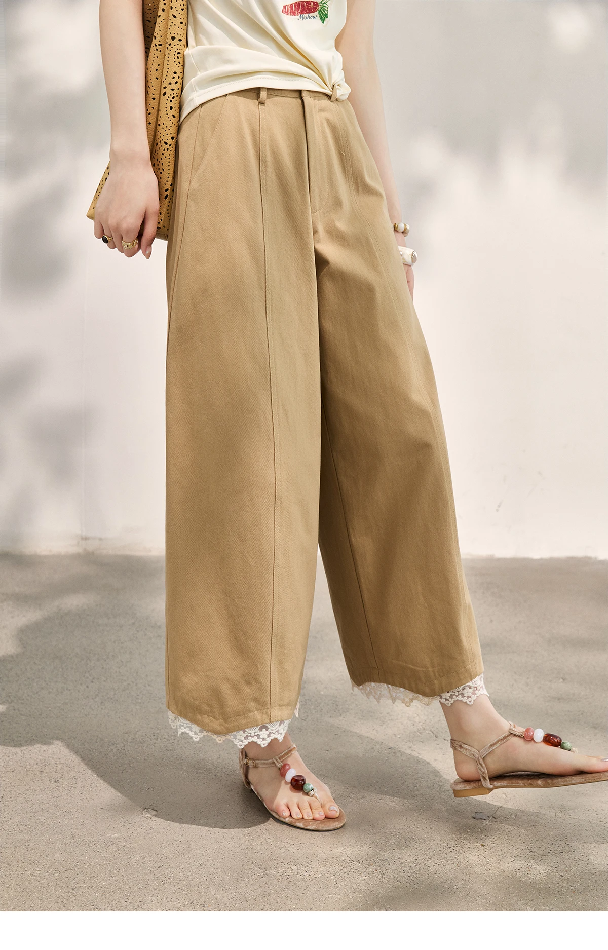 MISHOW Khaki High Waisted Wide Leg Cropped Pants For Women 2026 Summer Lace Trimmed Hem Retro Casual Loose Pants MXF24K1294