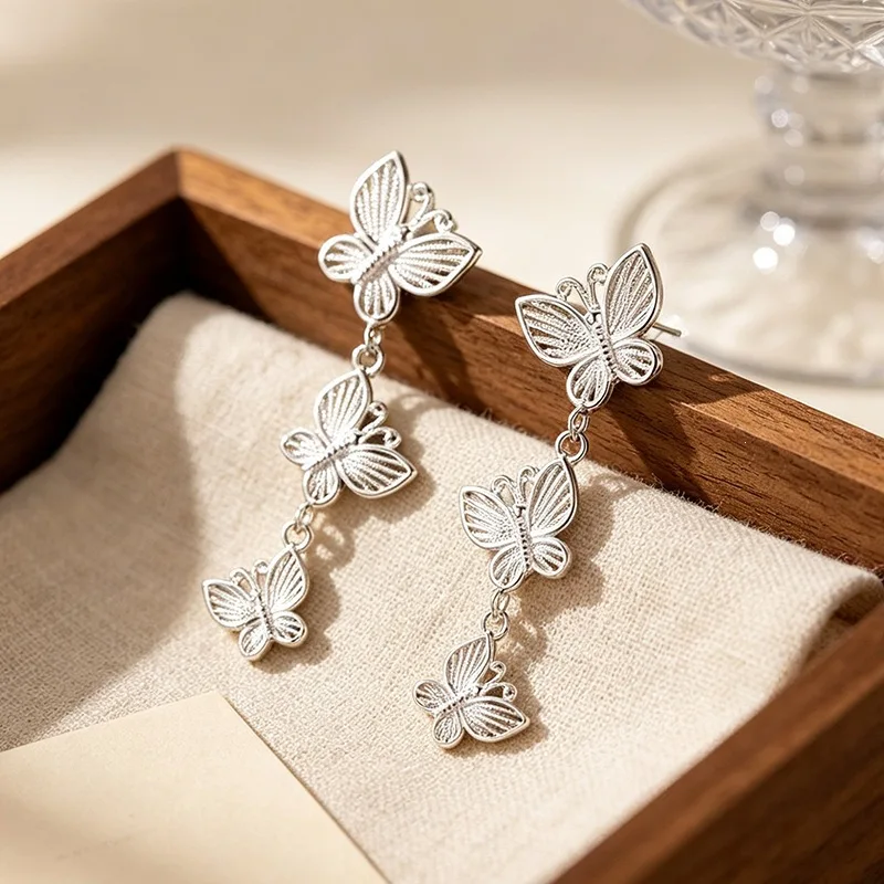 Cute Fringe Butterfly Sweet 925 Sterling Silver Female Stud Earrings For Women Luxury Fine Jewelry EA946