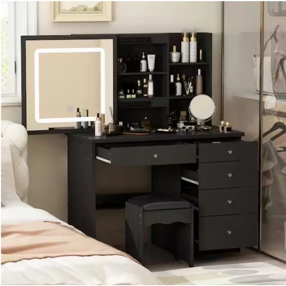 5 أدراج خشبية LED دفع سحب مرآة ماكياج الغرور مجموعات منضدة الزينة مع البراز وأرفف تخزين 3 طبقات
