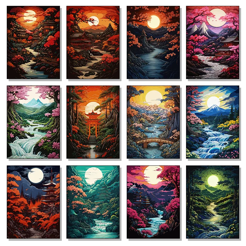 1pc frameless Canvas Painting Japanese Traditional Mountain Scenery Illustration Poster Countryside Prints Canvas Painting Wall