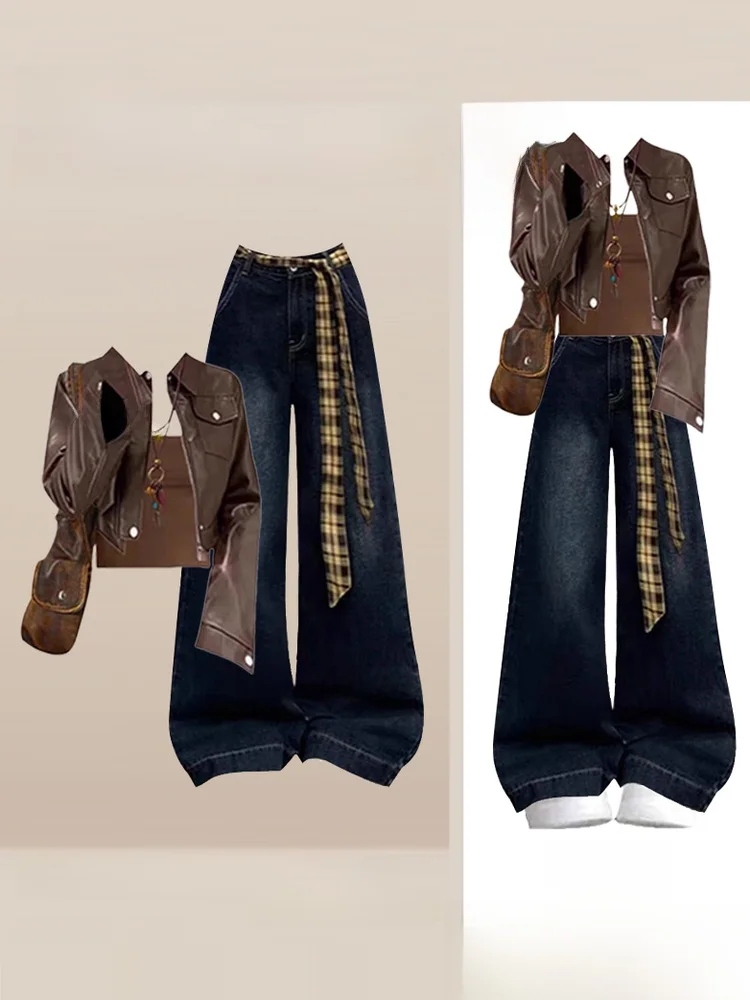 

Осень-зима, американский ретро мотоциклетный топ в стиле ретро, милое крутое пикантное коричневое кожаное пальто, жилет, джинсовый комплект, женский модный ансамбль